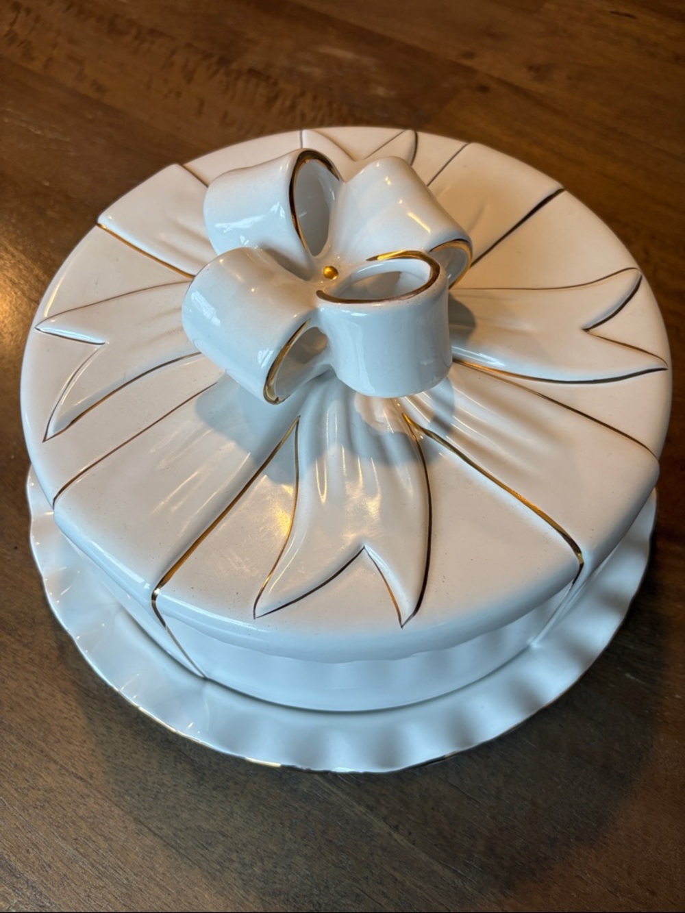 White Porcelain Cake Plate with Gold Trim Bow